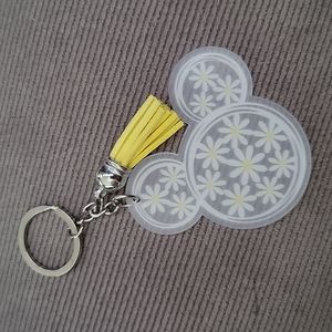 Large yellow glitter Mickey Mouse with daisies keychain with tassel